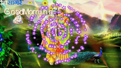 A Painting Of A Peacock And A Woman With Purple Flowers And The Words " Good Morning " GIF