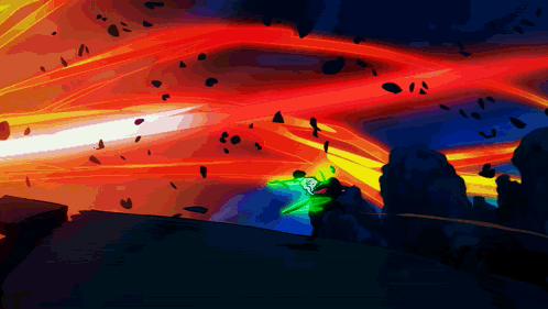 A Painting Of A Person Holding A Green Sword In Front Of A Red And Yellow Background GIF