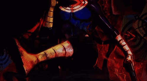 A Painting Of A Person In A Blue And Gold Outfit GIF