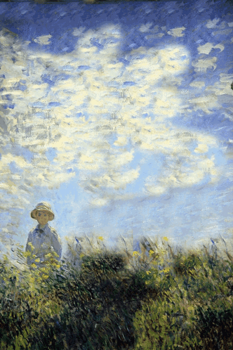 A Painting Of A Person In A Field With A Blue Sky GIF