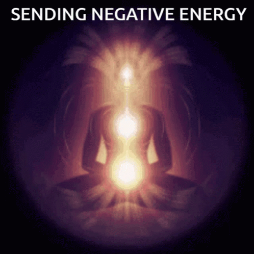 A Painting Of A Person In A Lotus Position With The Words " Sending Negative Energy " Above Them GIF