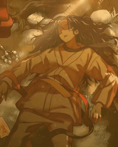 a painting of a person laying on the ground with chinese writing on the papers