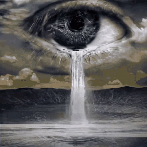 A Painting Of A Person 'S Eye With A Waterfall In The Background GIF