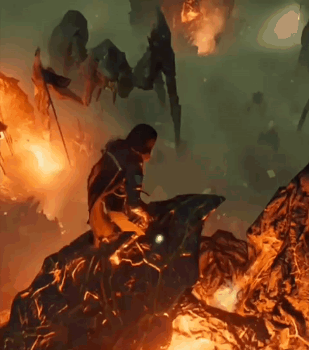 A Painting Of A Person Sitting On A Rock With A Fire Behind Them GIF