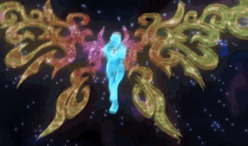 A Painting Of A Person Surrounded By Colorful Swirls In The Sky GIF