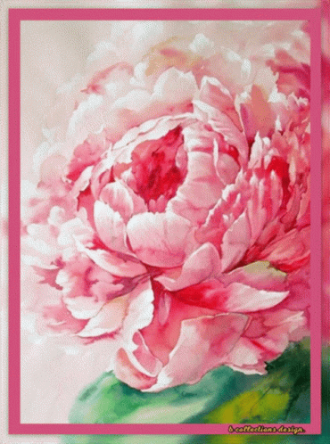 A Painting Of A Pink Flower With A Green Leaf And A Pink Frame GIF
