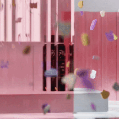 A Painting Of A Pink Room With A Few Objects Floating In It GIF