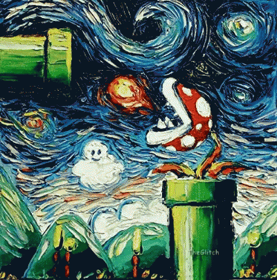 A Painting Of A Piranha Plant With The Words " The Glitch " On The Bottom Right GIF