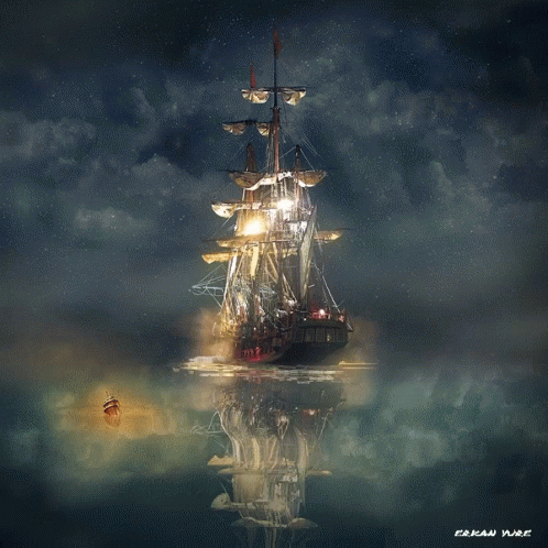 A Painting Of A Pirate Ship With The Name Erkan Yure On The Bottom GIF