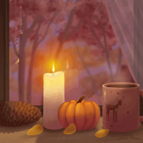 A Painting Of A Pumpkin A Candle And A Cup Of Coffee With A Deer On The Mug GIF
