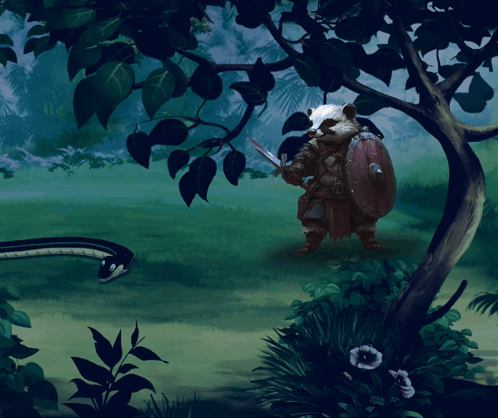 a painting of a raccoon with a sword and shield standing next to a tree