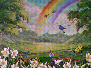 A Painting Of A Rainbow And Birds In A Field GIF