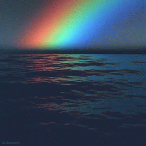 a painting of a rainbow over a body of water with the name g / trevecova on the bottom