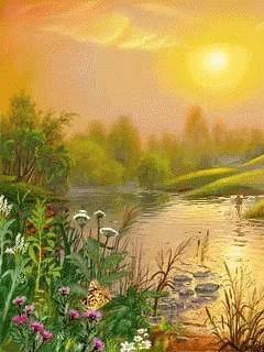 A Painting Of A River Surrounded By Flowers And Grass GIF