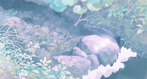 A Painting Of A River Surrounded By Flowers And Plants GIF