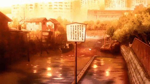 A Painting Of A River With A Sign In The Foreground That Says ' Tokyo ' On It GIF