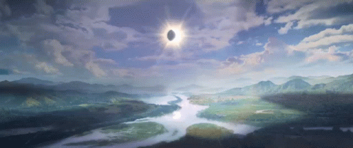 A Painting Of A River With Mountains In The Background And The Sun Shining Through The Clouds GIF