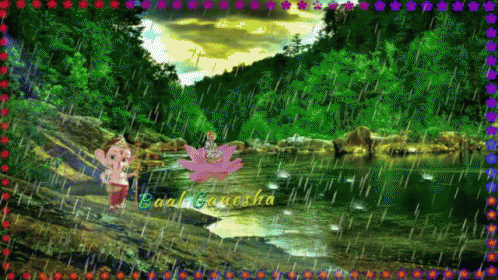 A Painting Of A River With The Word Ganesha On The Bottom GIF