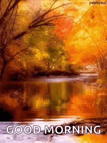 A Painting Of A River With Trees And Leaves And The Words Good Morning GIF
