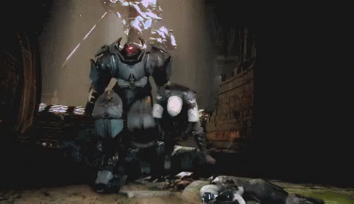 A Painting Of A Robot Standing Over A Dead Animal GIF
