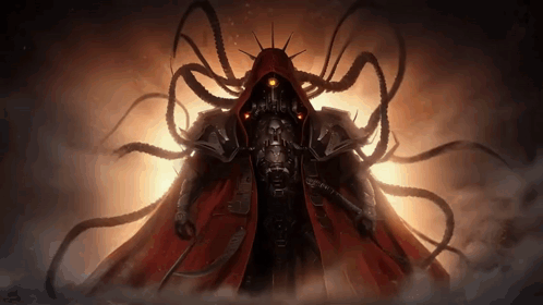 a painting of a robot with a red cape and tentacles coming out of it 's head .