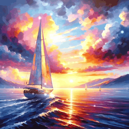 A Painting Of A Sailboat In The Ocean With A Sunset In The Background GIF