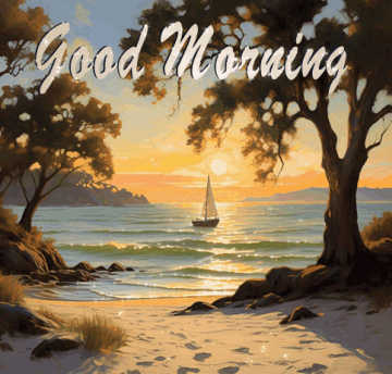 a painting of a sailboat in the ocean with the words " good morning " on the bottom