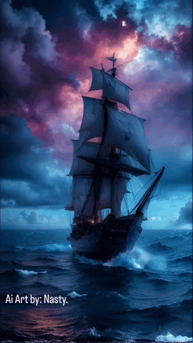 A Painting Of A Sailing Ship In The Ocean With The Caption Ai Art By Nasty GIF