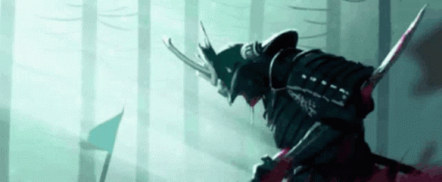 A Painting Of A Samurai Holding A Sword In The Woods GIF