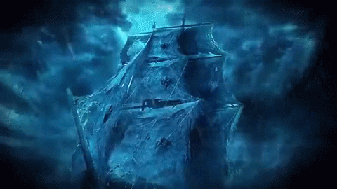 A Painting Of A Ship Covered In Spider Webs In The Dark GIF