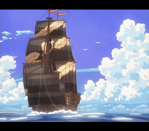 A Painting Of A Ship In The Ocean With Clouds Behind It GIF