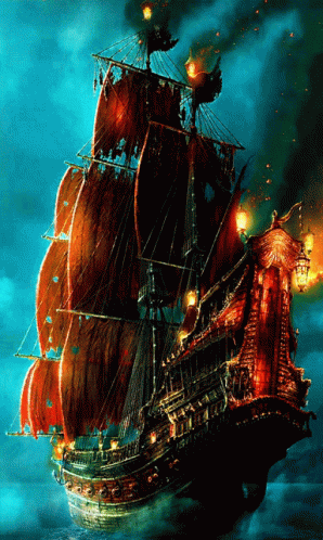 A Painting Of A Ship With Red Sails In The Ocean GIF