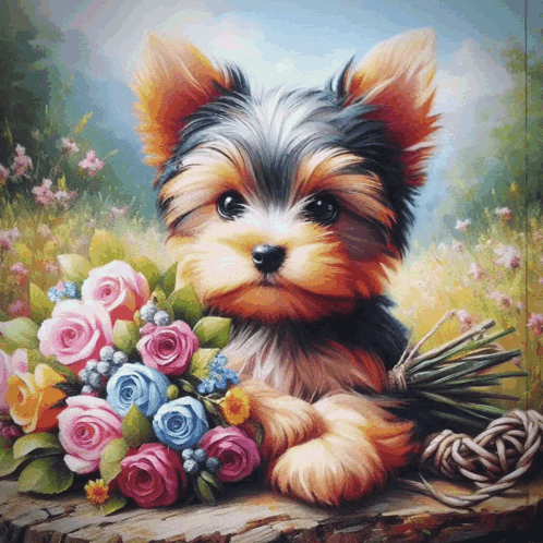 A Painting Of A Small Dog Holding A Bunch Of Flowers GIF