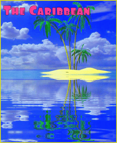 A Painting Of A Small Island In The Ocean With The Words The Caribbean Above It GIF
