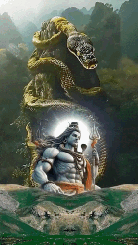 A Painting Of A Snake Surrounding A Statue Of Shiva GIF