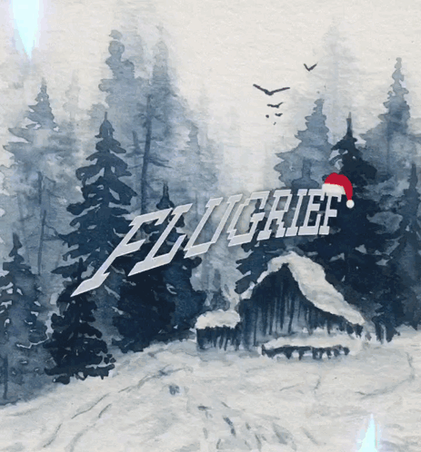 A Painting Of A Snowy Forest With A Santa Hat And The Words " Flitiger " GIF
