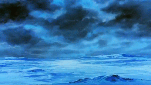 A Painting Of A Snowy Landscape With A Cloudy Sky In The Background GIF