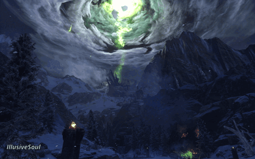 A Painting Of A Snowy Mountain Landscape With Illusive Soul Written On The Bottom Right GIF