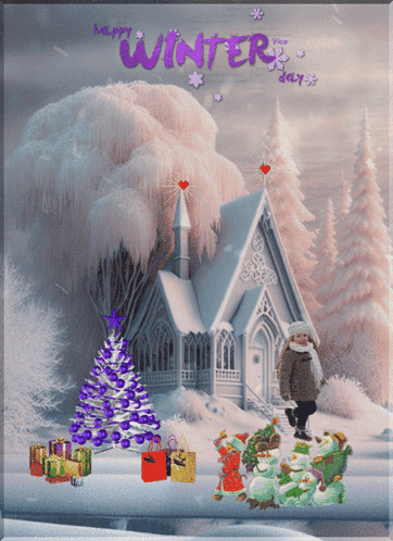 A Painting Of A Snowy Scene With The Words Winter Day GIF