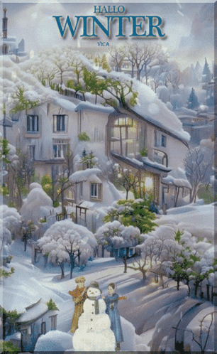 A Painting Of A Snowy Village With The Words Hallo Winter On The Bottom GIF