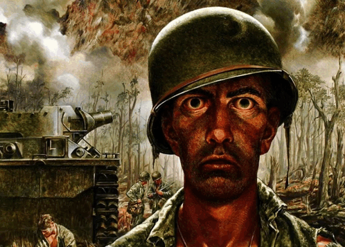 A Painting Of A Soldier In A Helmet With A Tank In The Background GIF