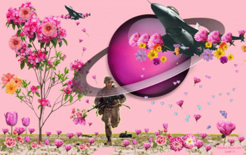 A Painting Of A Soldier Surrounded By Pink Flowers And A Purple Planet GIF