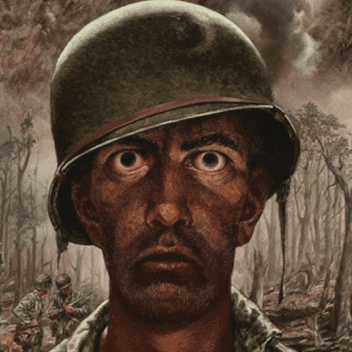 A Painting Of A Soldier Wearing A Helmet And Looking At The Camera GIF