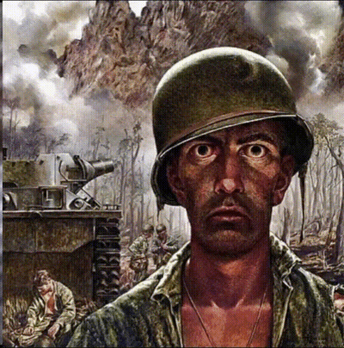 A Painting Of A Soldier Wearing A Helmet And Looking At The Camera GIF