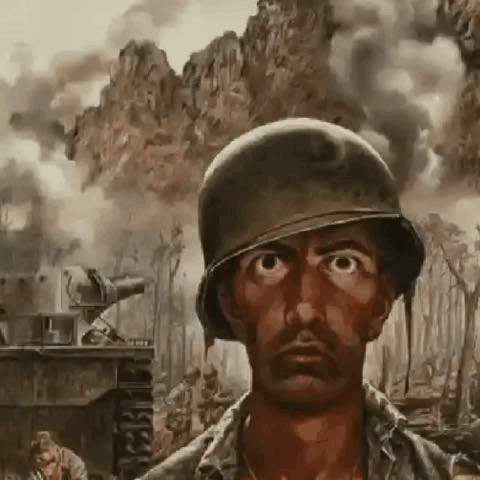 A Painting Of A Soldier Wearing A Helmet In A Battle Scene . GIF