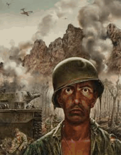 A Painting Of A Soldier Wearing A Helmet In Front Of A Tank . GIF