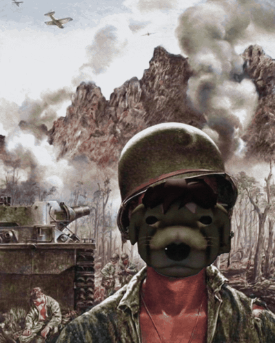 A Painting Of A Soldier With A Cat Mask On GIF
