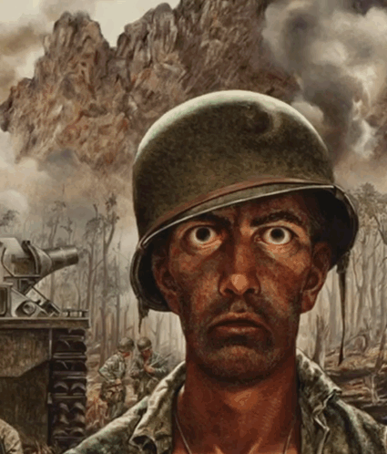 A Painting Of A Soldier With A Helmet On His Head GIF