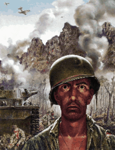 A Painting Of A Soldier With A Helmet That Says Us Army On It GIF