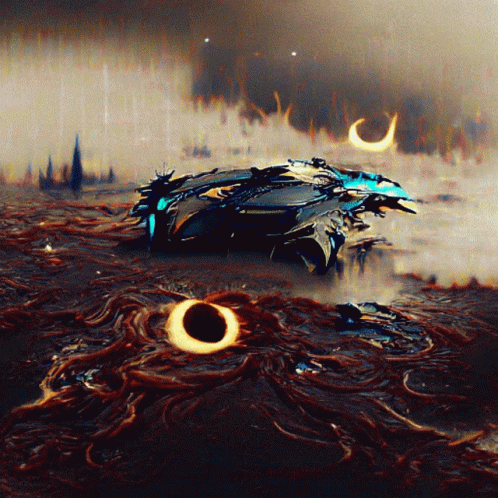 A Painting Of A Space Ship With Two Black Holes In The Middle GIF